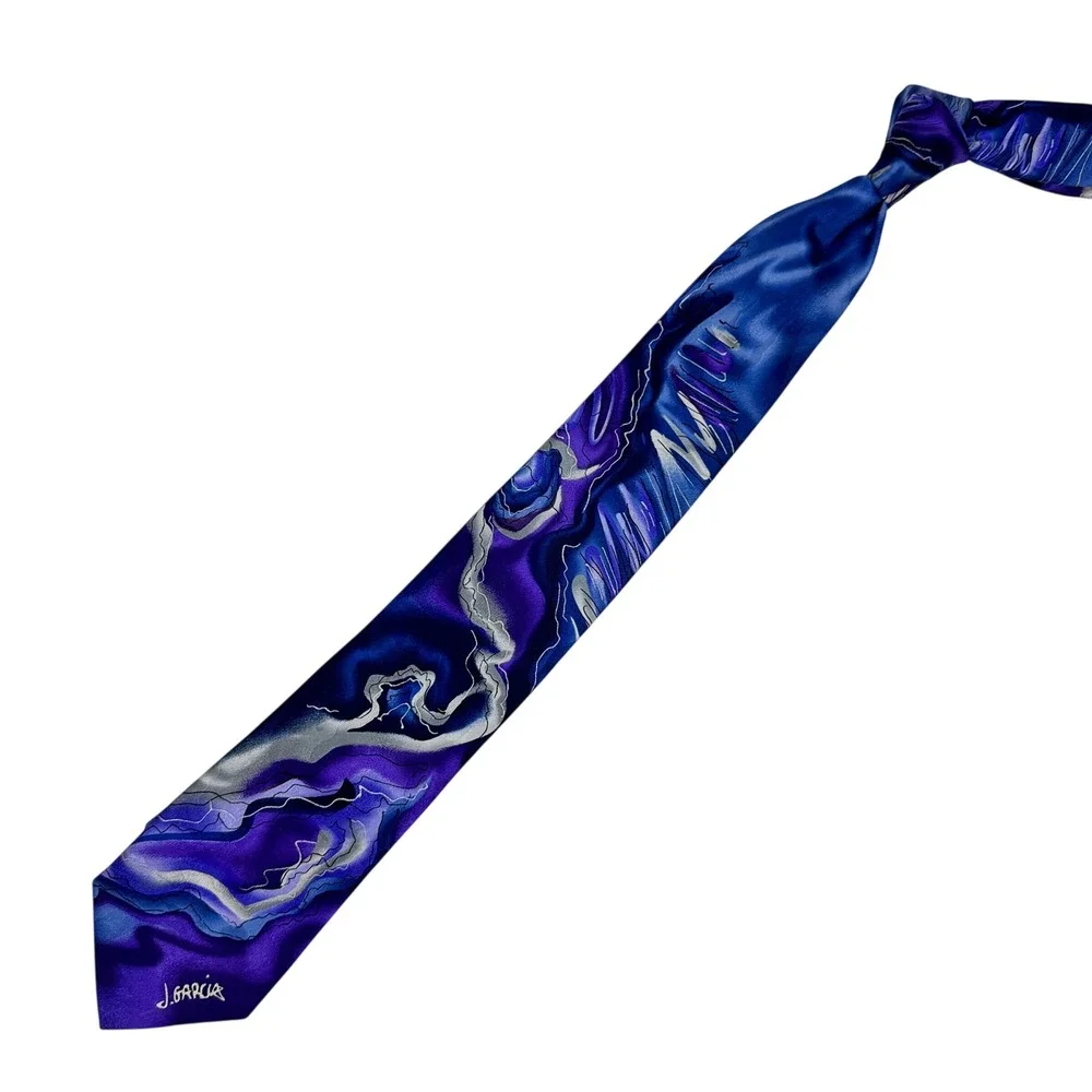J Garcia Wetlands II Mens Silk Necktie Purple Blue Silver Abstract Art Swirl Tie